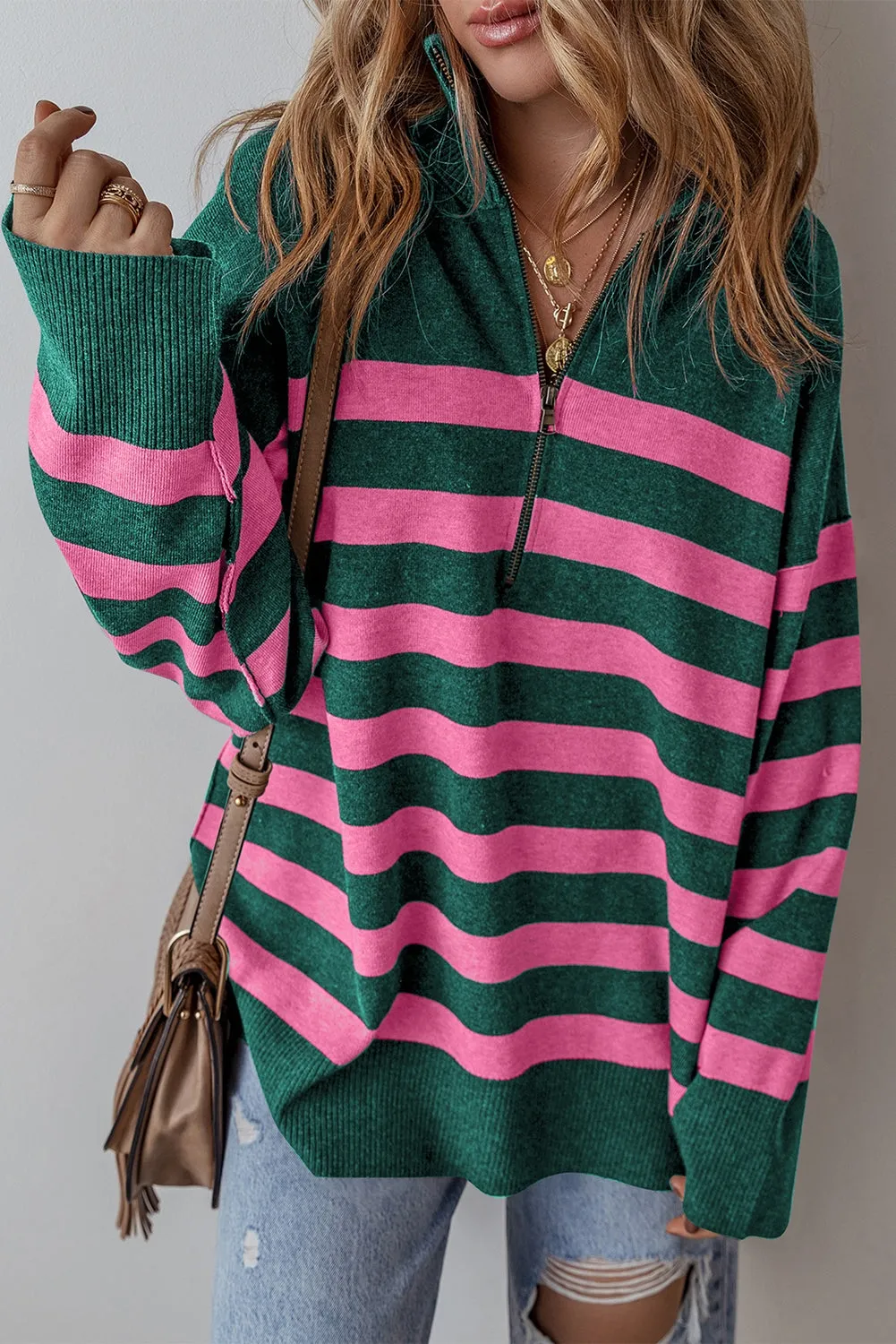 Stripe Collared Quarter Zipper Oversized Sweater