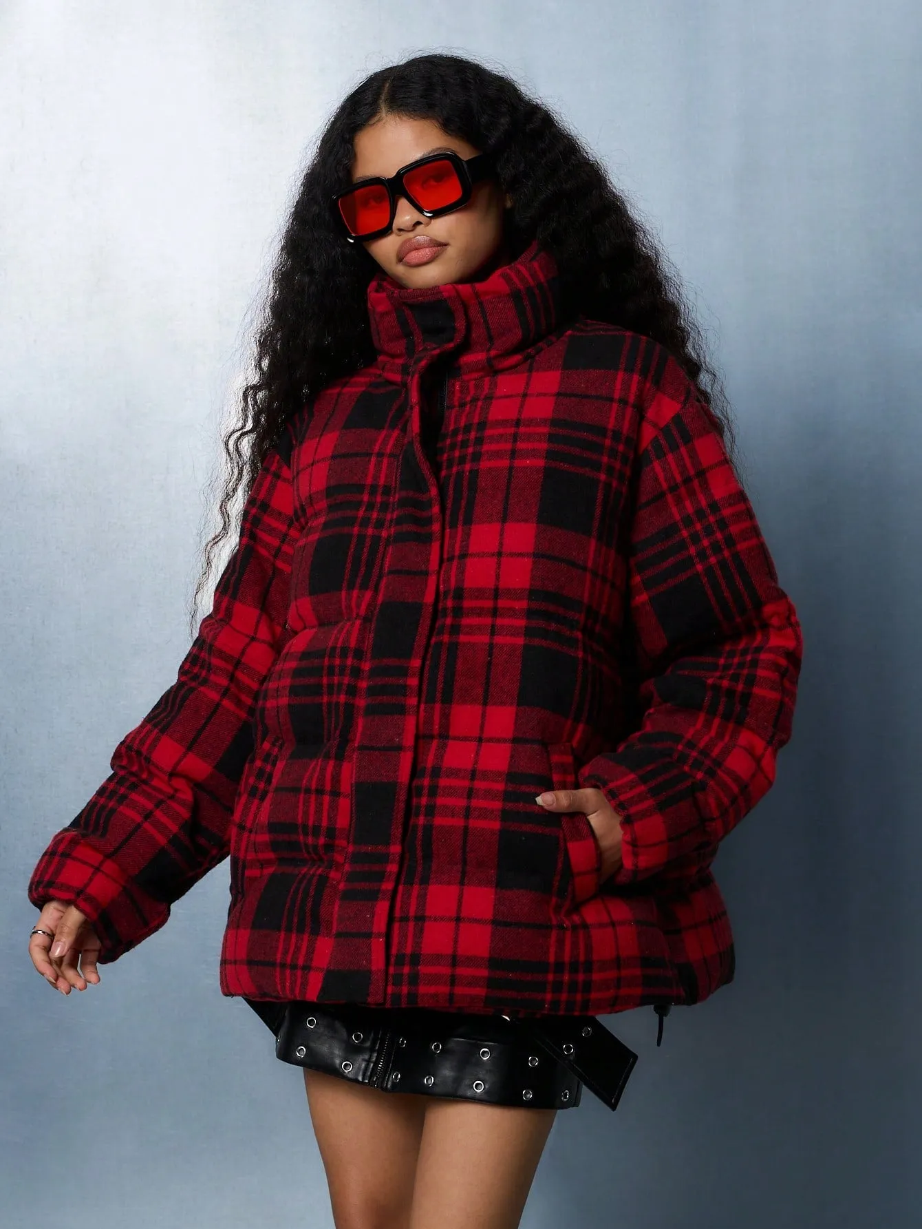 SUMWON WOMEN Check Print Padded Puffer Coat