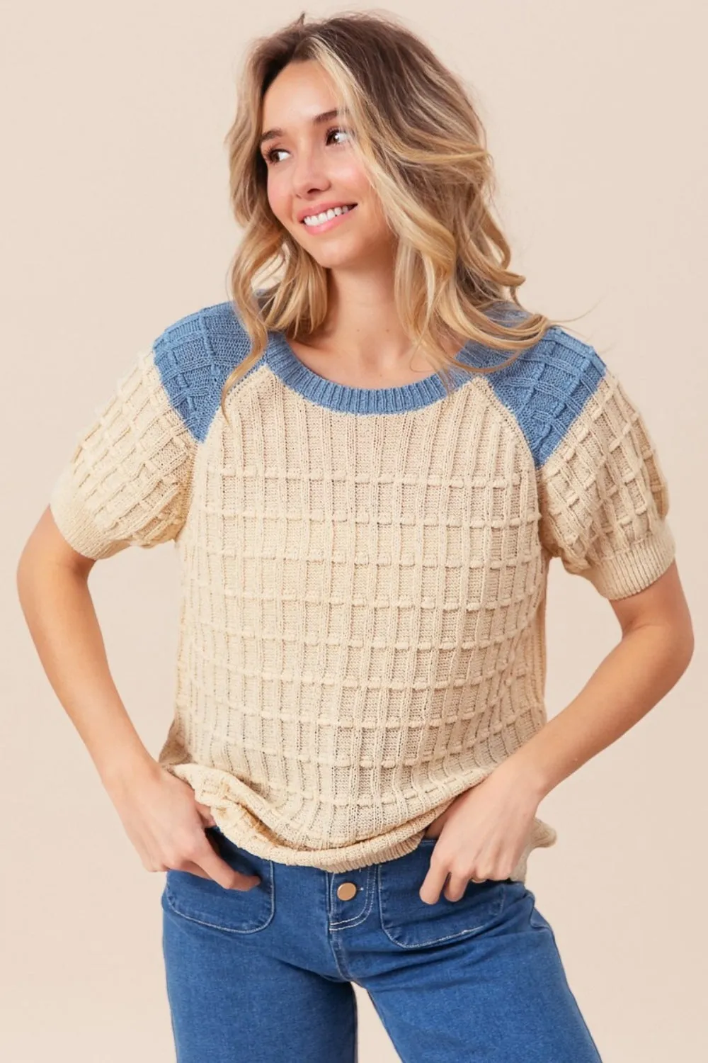 Textured Contrast Short Sleeve Sweater