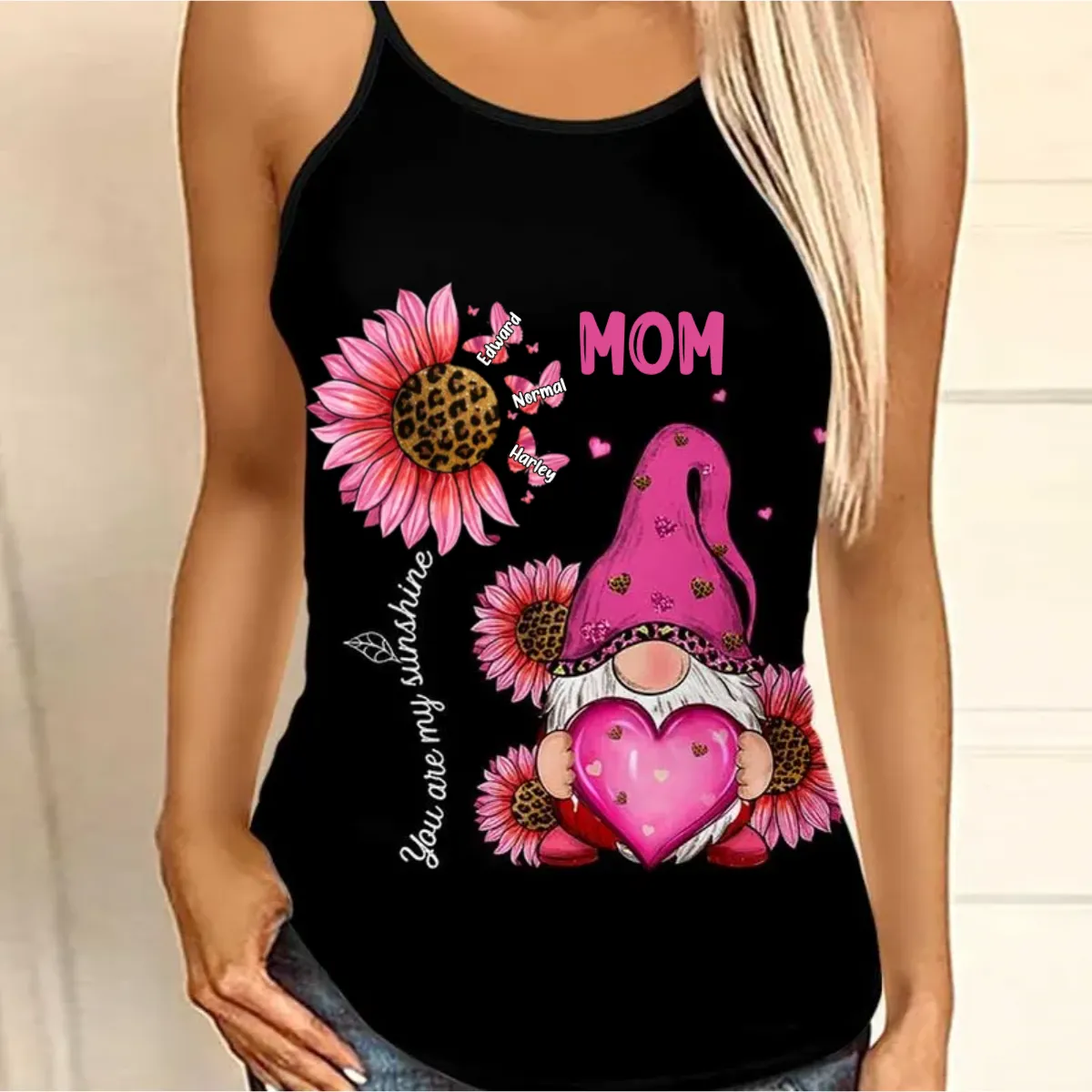 Unique Pink Leopard Gnome Grandma Mom Butterfly Kids Personalized Woman Cross Tank Top