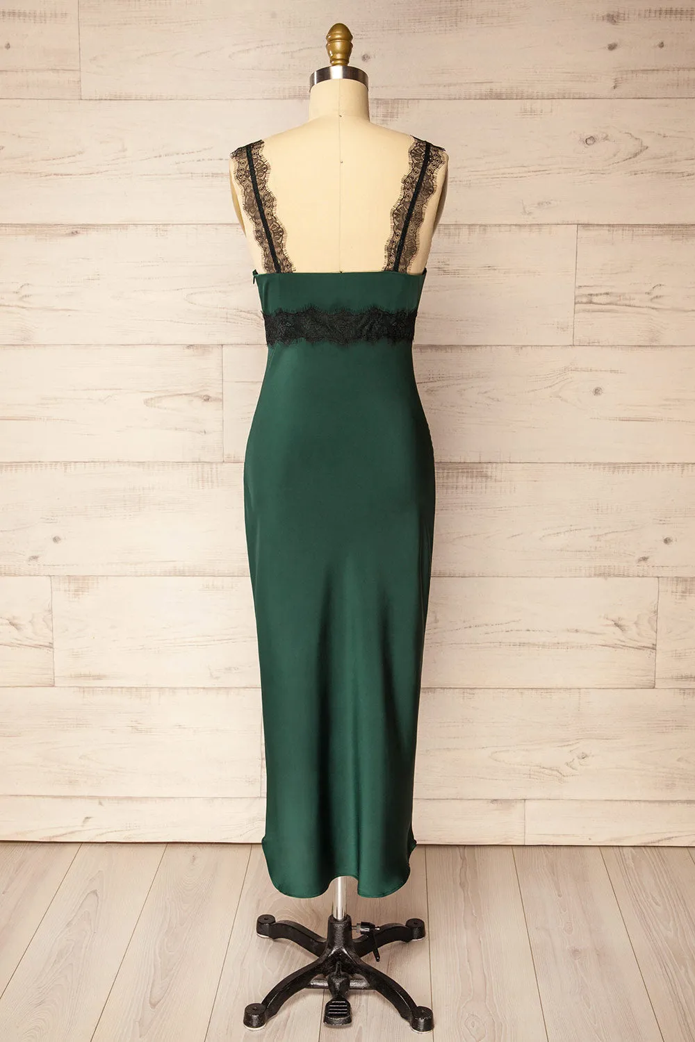 Valencienne | Green Satin Dress w/ Black Lace