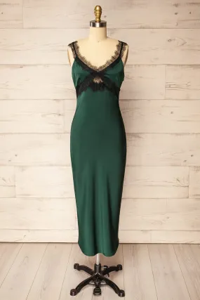 Valencienne | Green Satin Dress w/ Black Lace