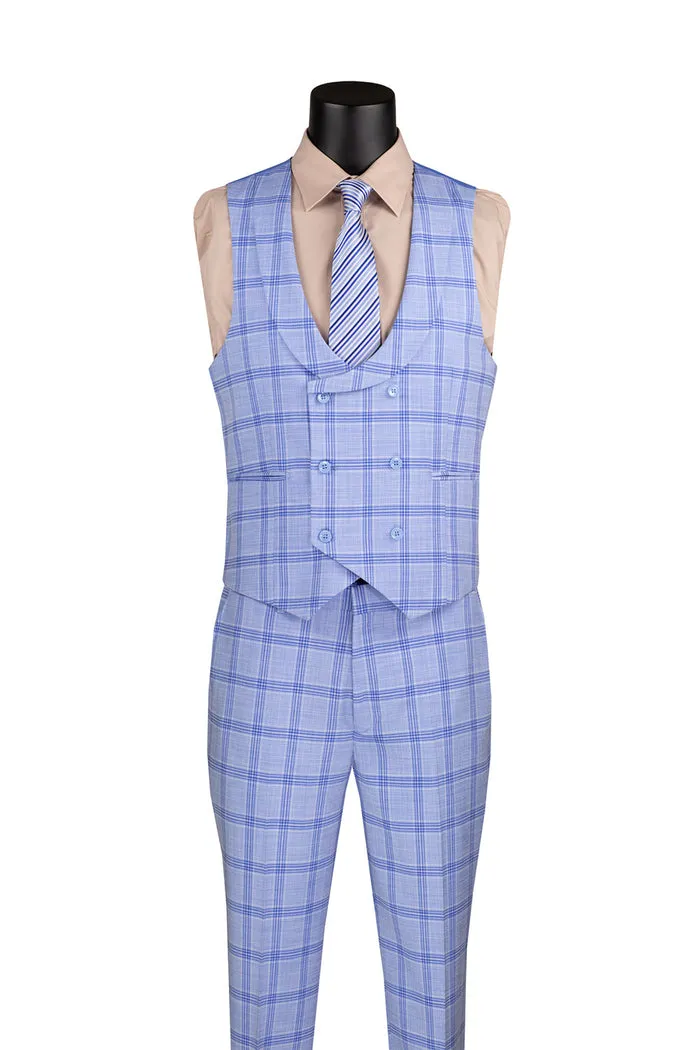 Vinci Modern Fit Windowpane Suit 3 Piece with U-Neck Vest Light Blue MV2W-5