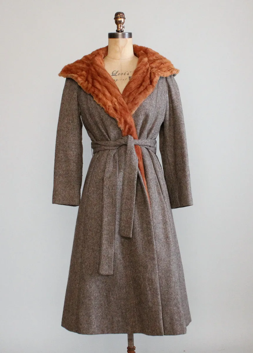 Vintage 1970s Tweed Hooded Trench Coat with Fur Lining