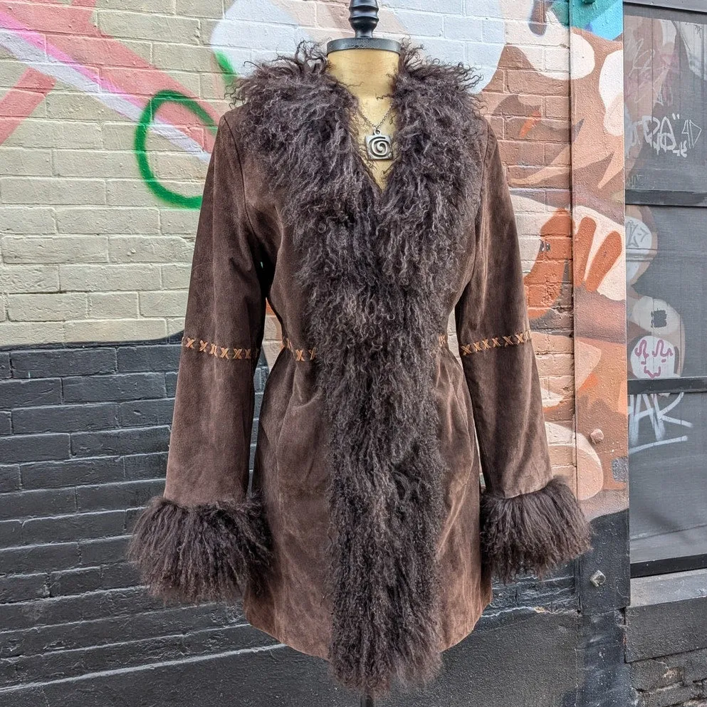 Vintage Brown Suede Penny Lane Jacket Fur Furry Leather Groovy Mod Trench Coat