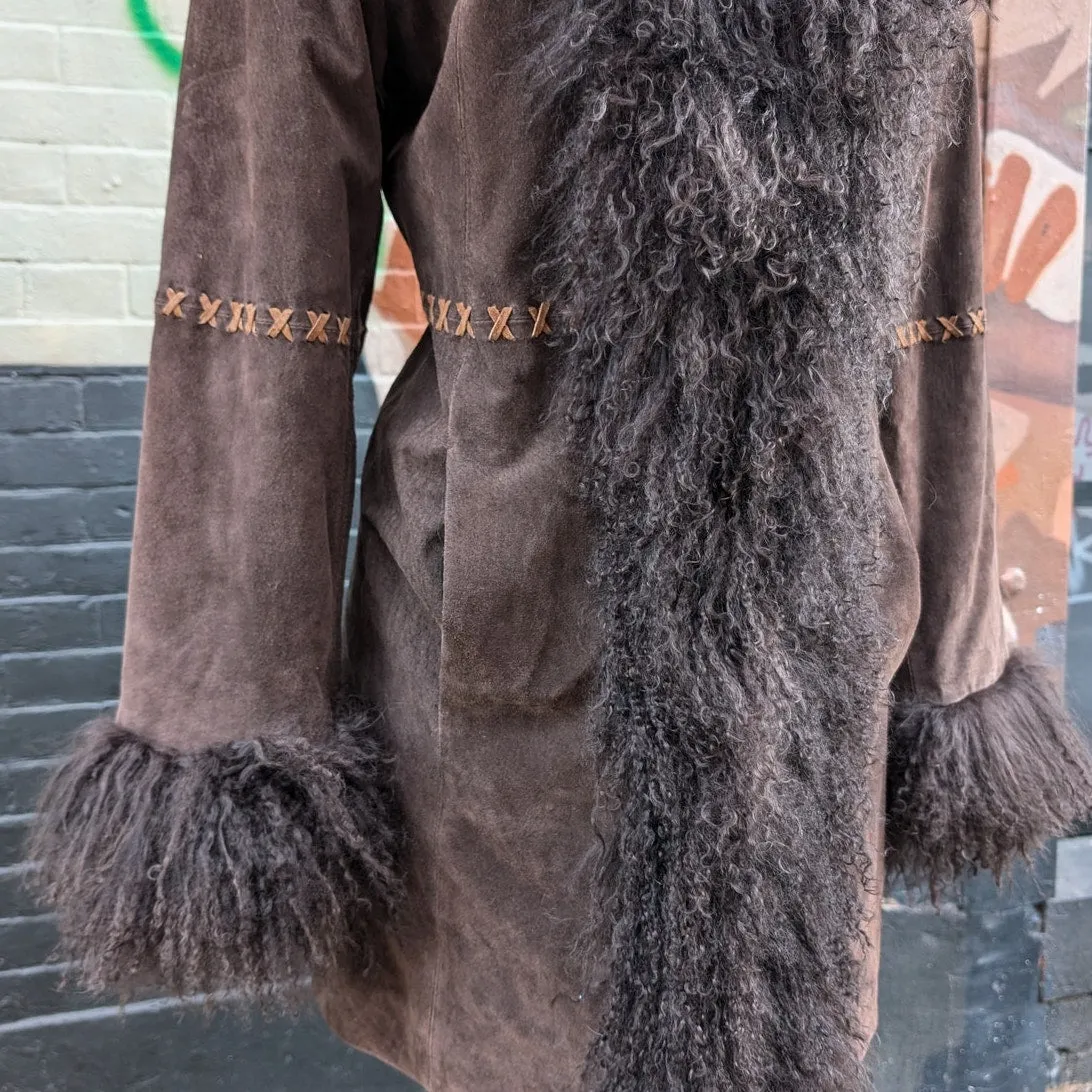 Vintage Brown Suede Penny Lane Jacket Fur Furry Leather Groovy Mod Trench Coat