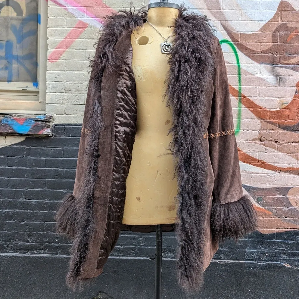 Vintage Brown Suede Penny Lane Jacket Fur Furry Leather Groovy Mod Trench Coat