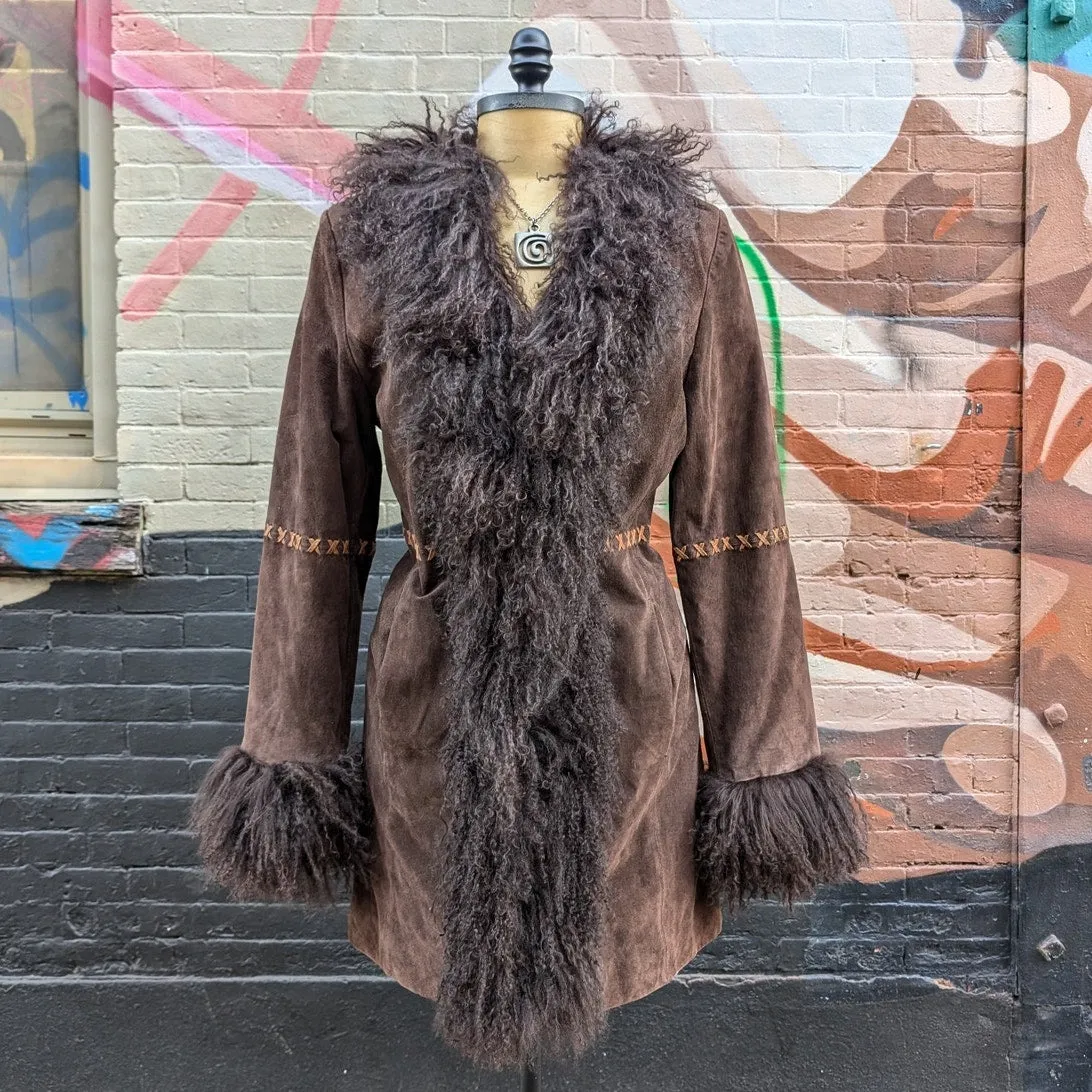 Vintage Brown Suede Penny Lane Jacket Fur Furry Leather Groovy Mod Trench Coat