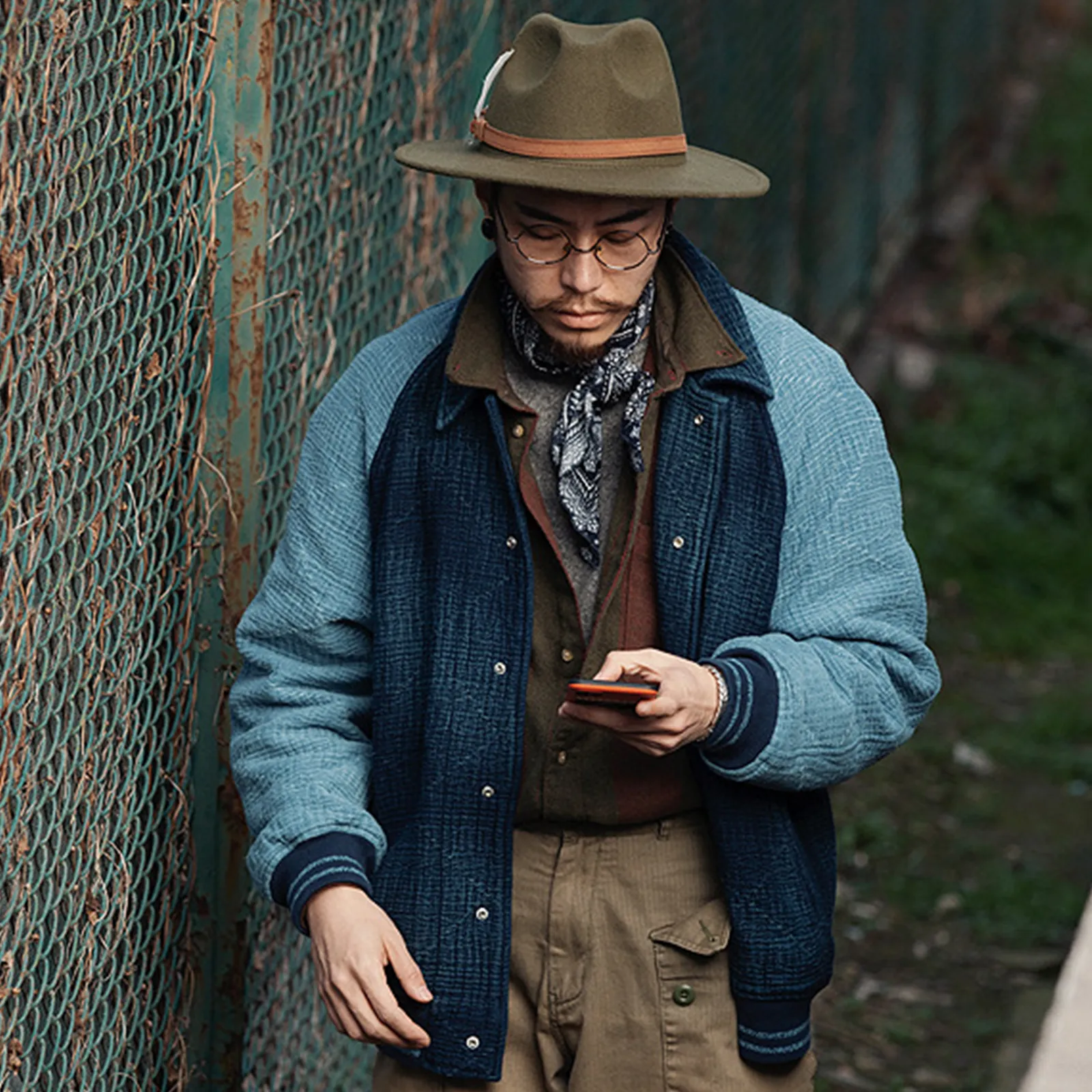 Vintage Indigo Sashiko Jacket Plant-dyed Splicing And Thickened Baseball Jacket