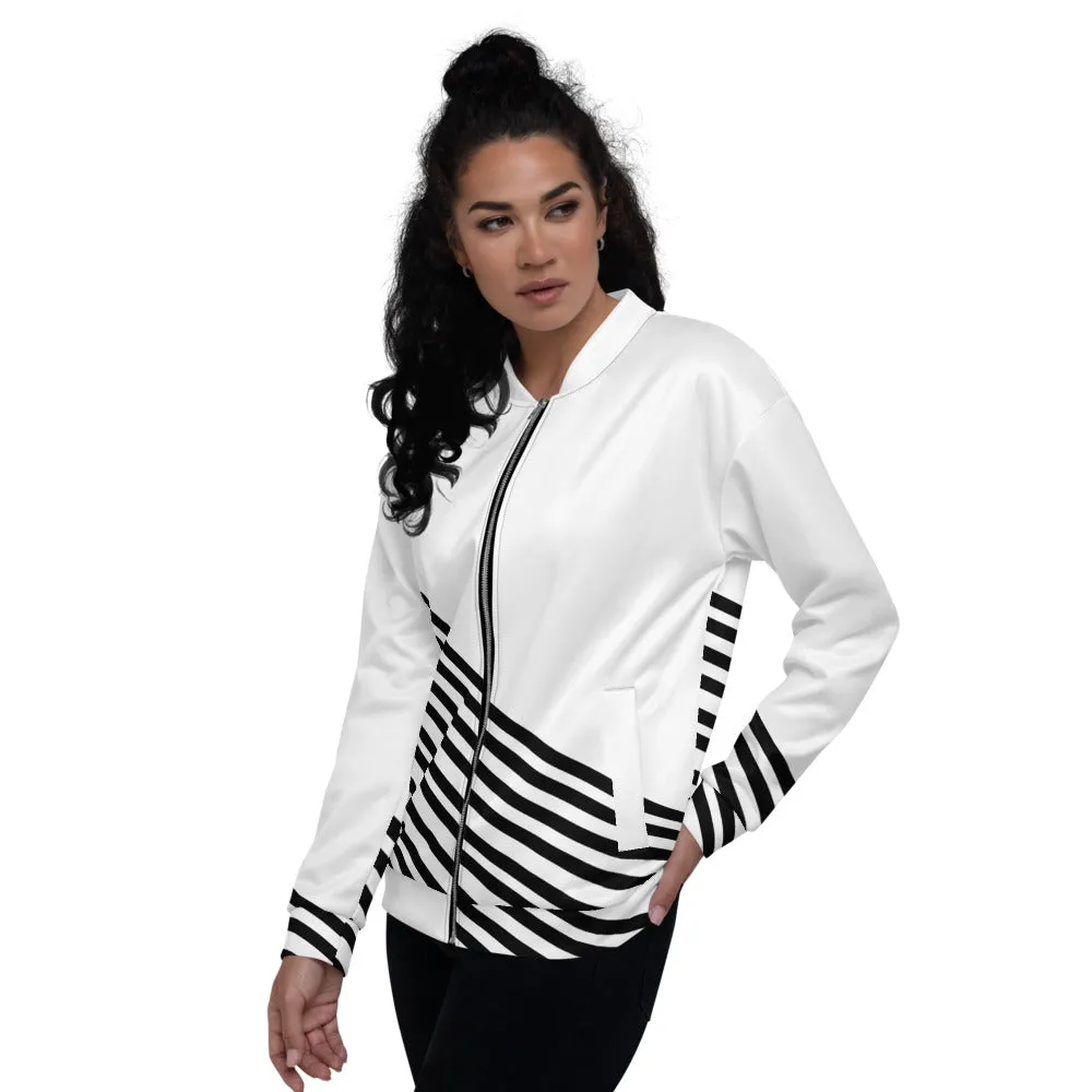 White Black Striped Bomber Jacket, Modern Unisex Fit Jacket For Men/Women-Made in EU