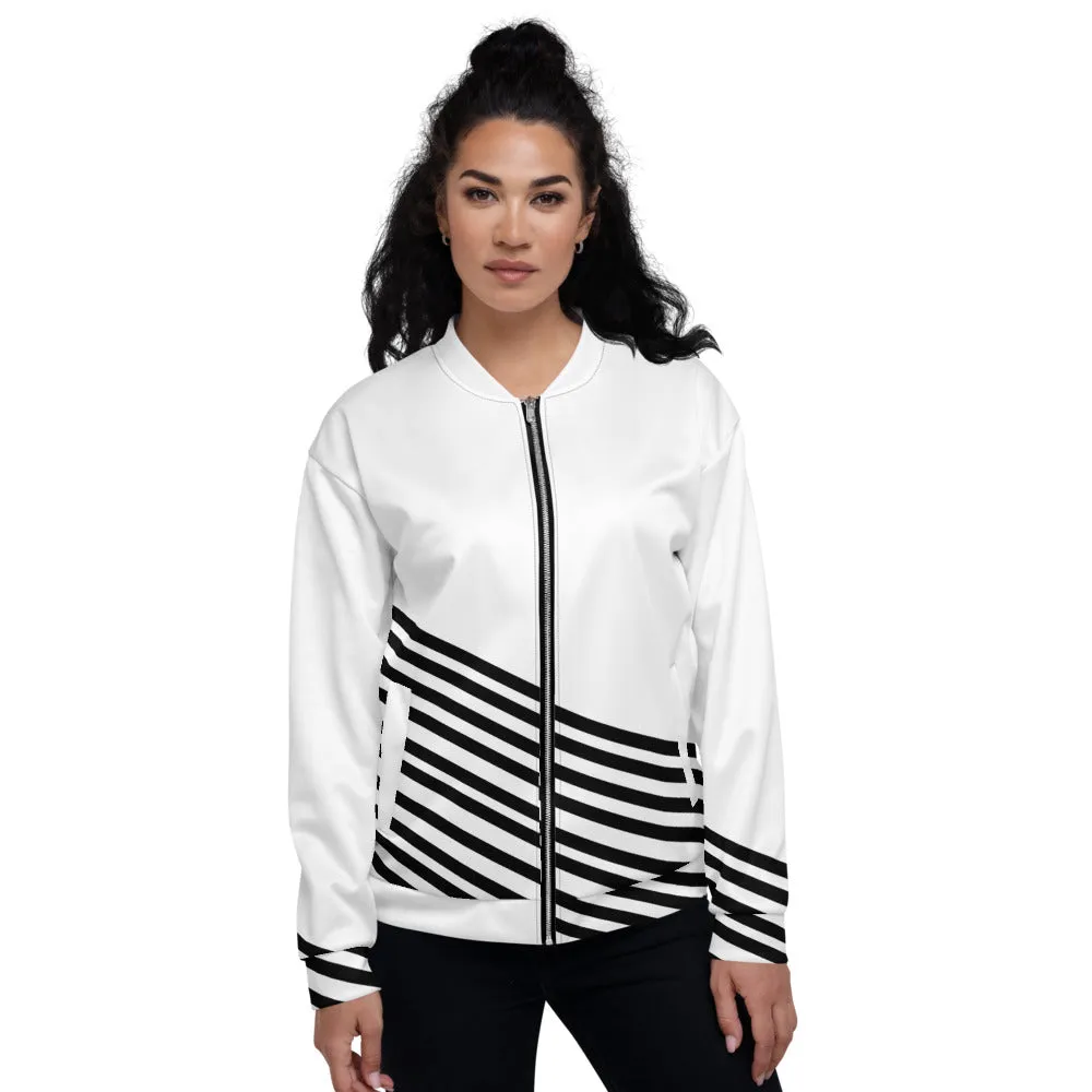 White Black Striped Bomber Jacket, Modern Unisex Fit Jacket For Men/Women-Made in EU