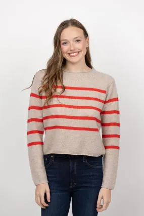 White   Warren Cashmere Featherweight Roll Trim Crew Sweater in Sandwisp/Scarlet