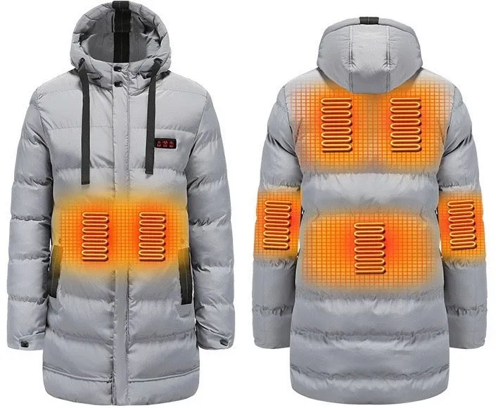 Winter outdoor smart 7 zone heating cotton-padded jacket USB electric heating long windproof warm hooded coat