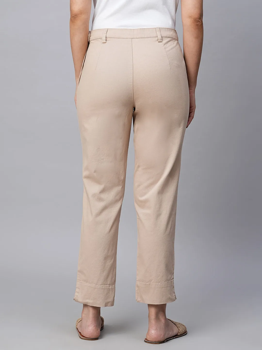 Women's Beige Cotton Lycra Regular Fit Pant