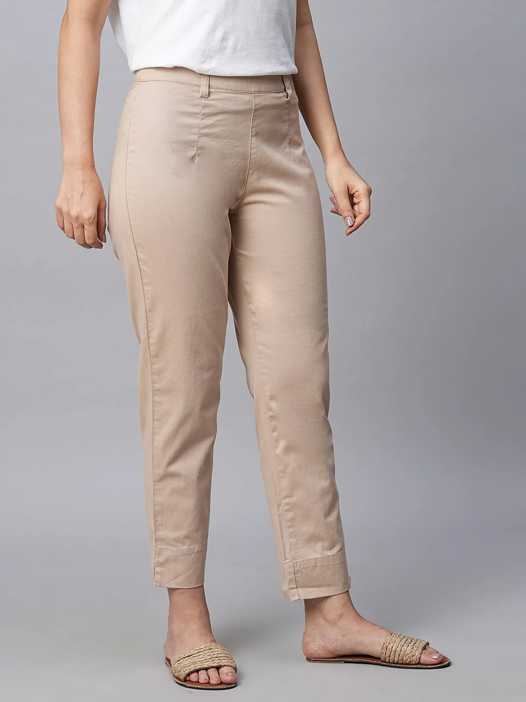 Women's Beige Cotton Lycra Regular Fit Pant