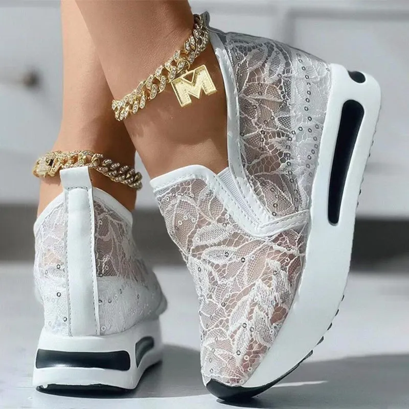 Women's Floral Embroidery Mesh Sneakers with Thick Sole