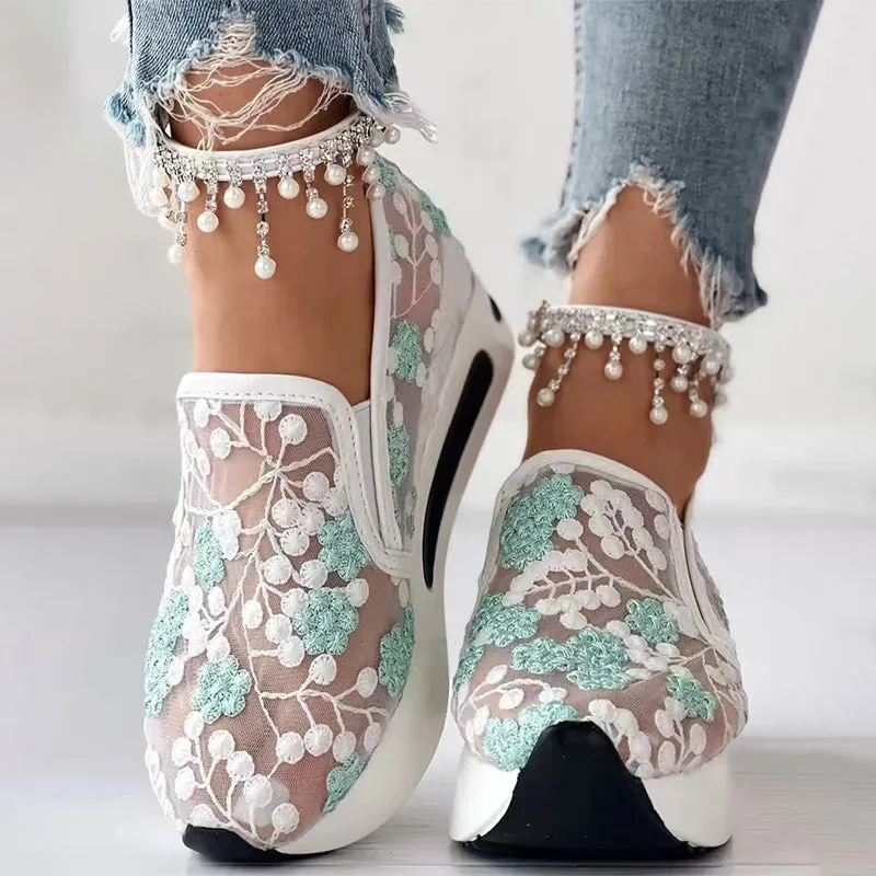 Women's Floral Embroidery Mesh Sneakers with Thick Sole