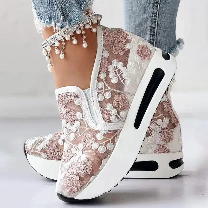 Women's Floral Embroidery Mesh Sneakers with Thick Sole