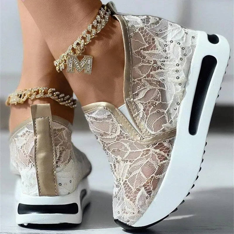 Women's Floral Embroidery Mesh Sneakers with Thick Sole