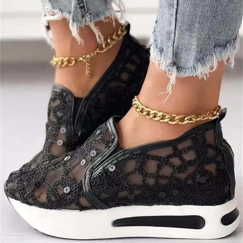 Women's Floral Embroidery Mesh Sneakers with Thick Sole