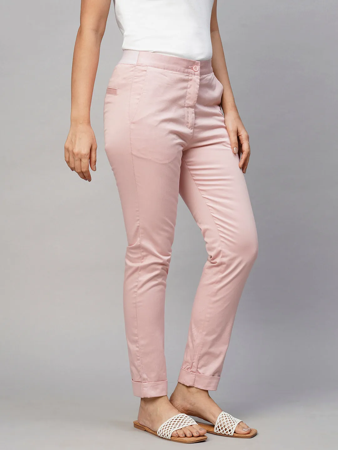 Women's Pink Cotton Lycra Slim Fit Pant