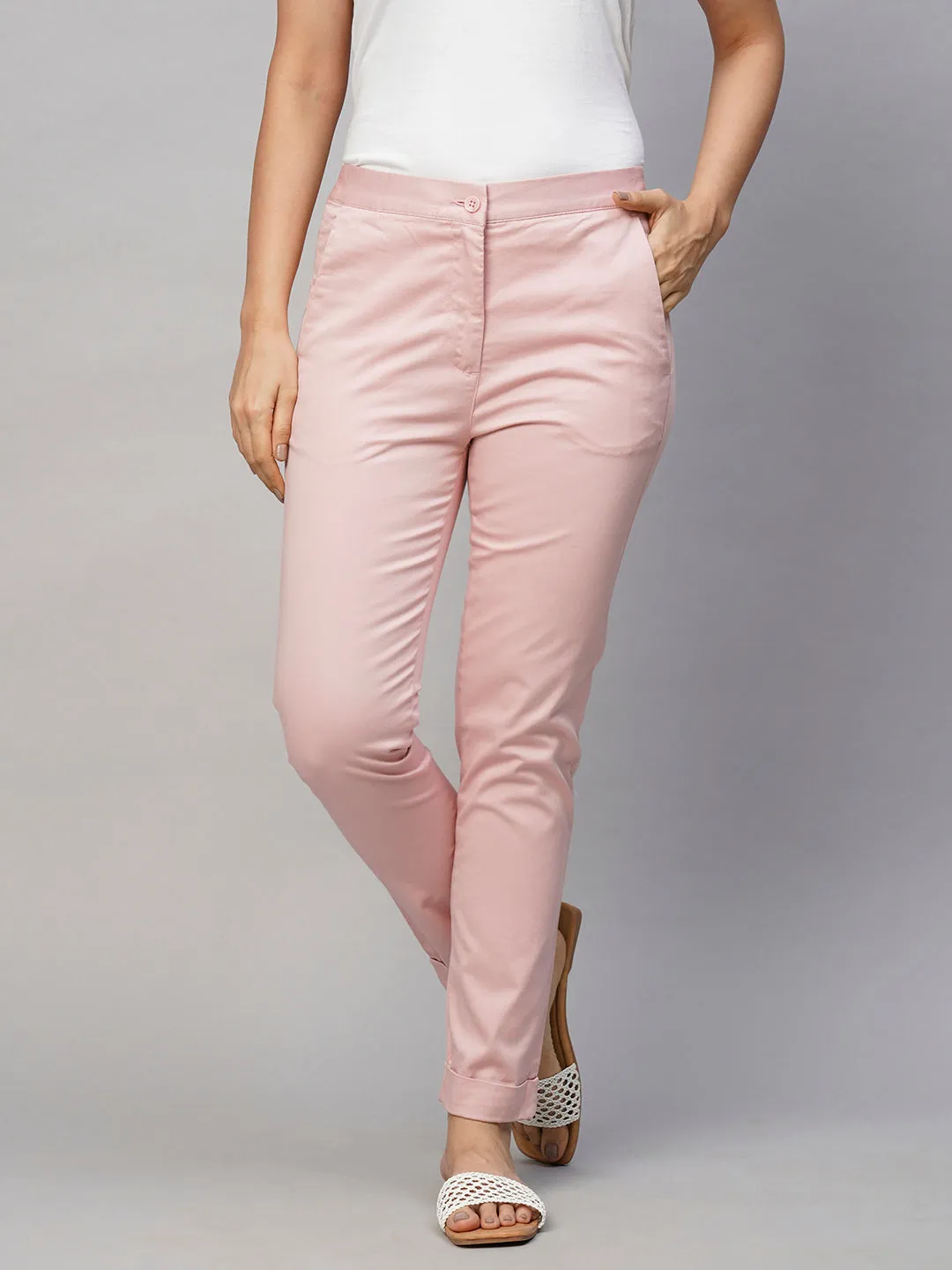 Women's Pink Cotton Lycra Slim Fit Pant