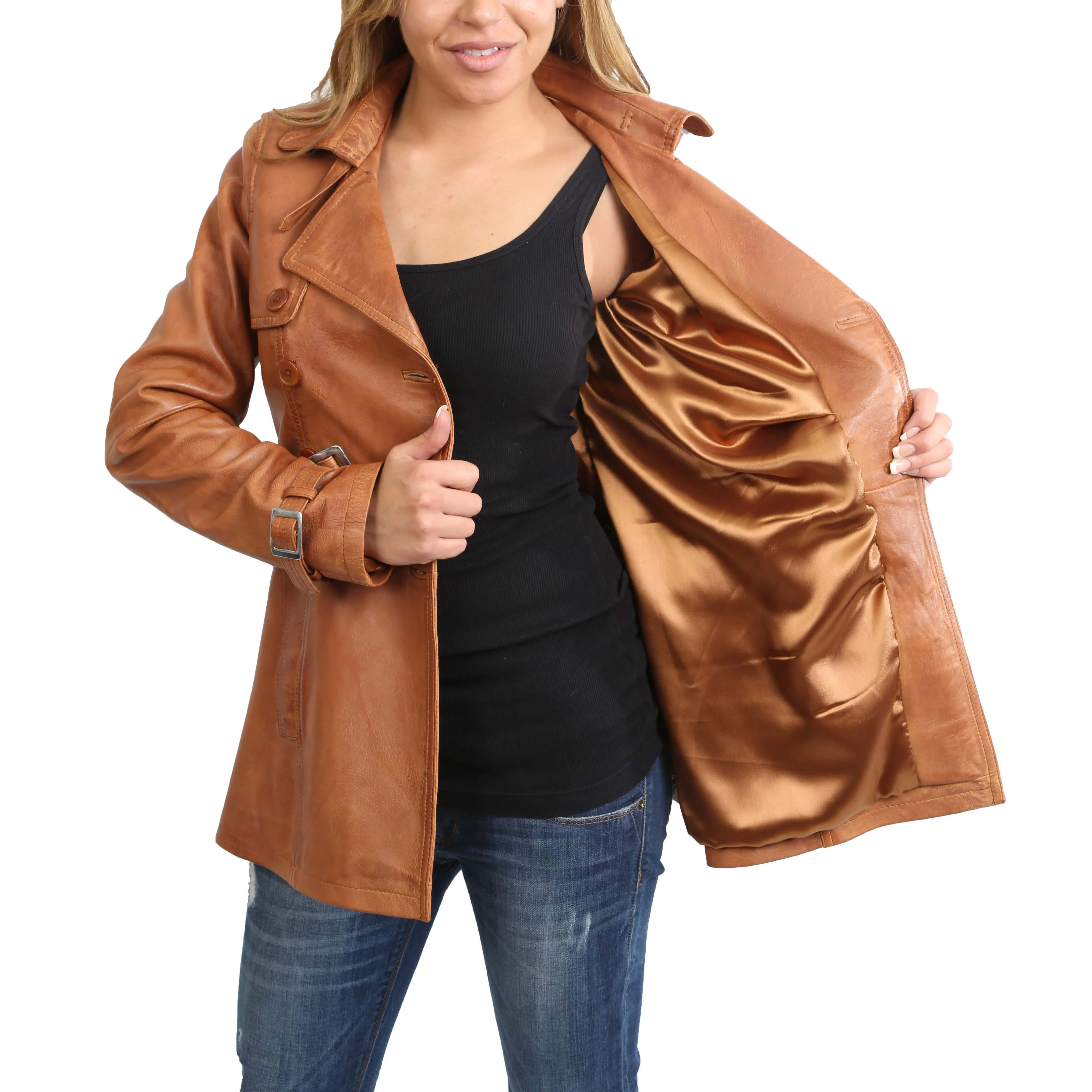 Womens Soft Leather Trench Coat Olivia Tan