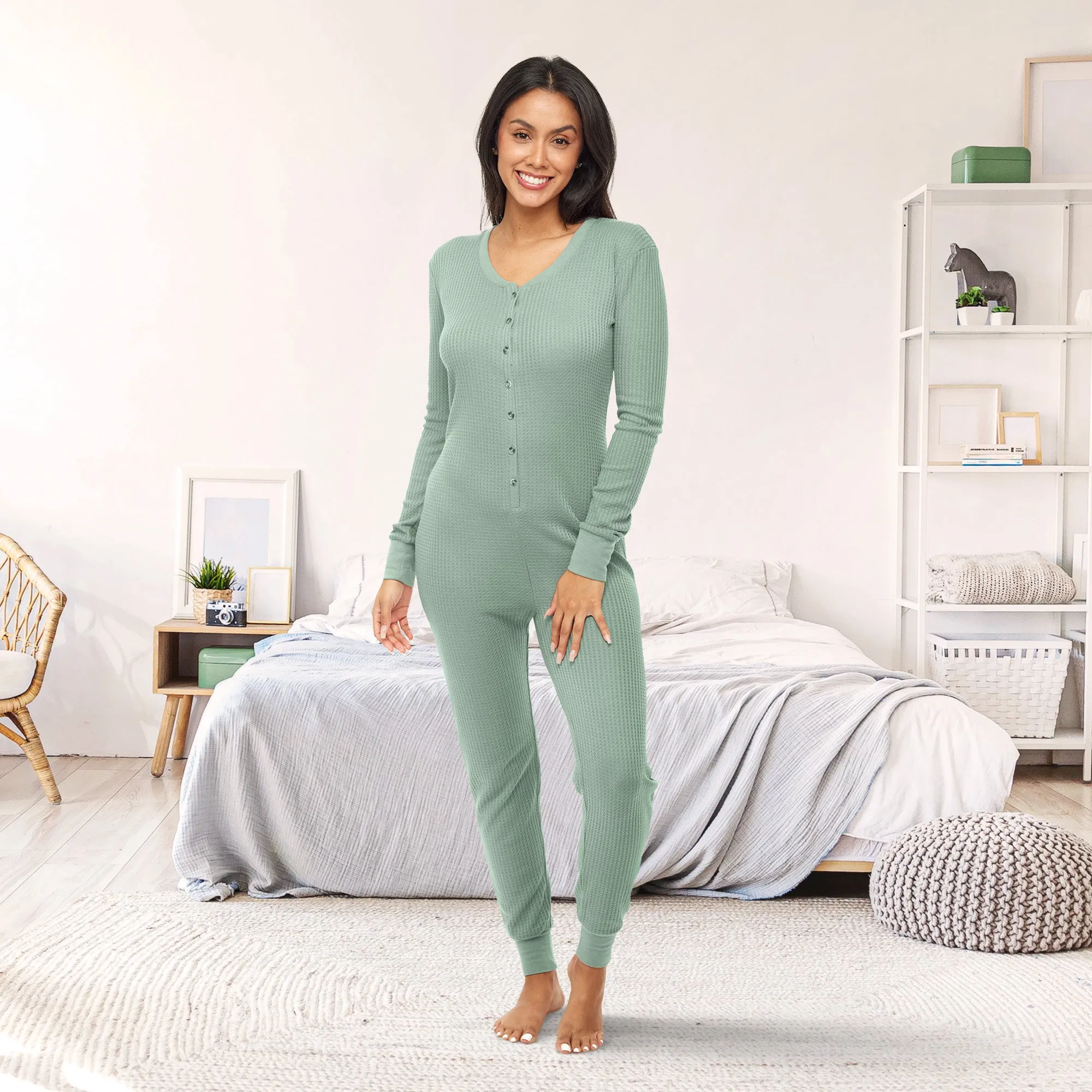 Women's Waffle Knit Thermal Onesie Pajama Romper