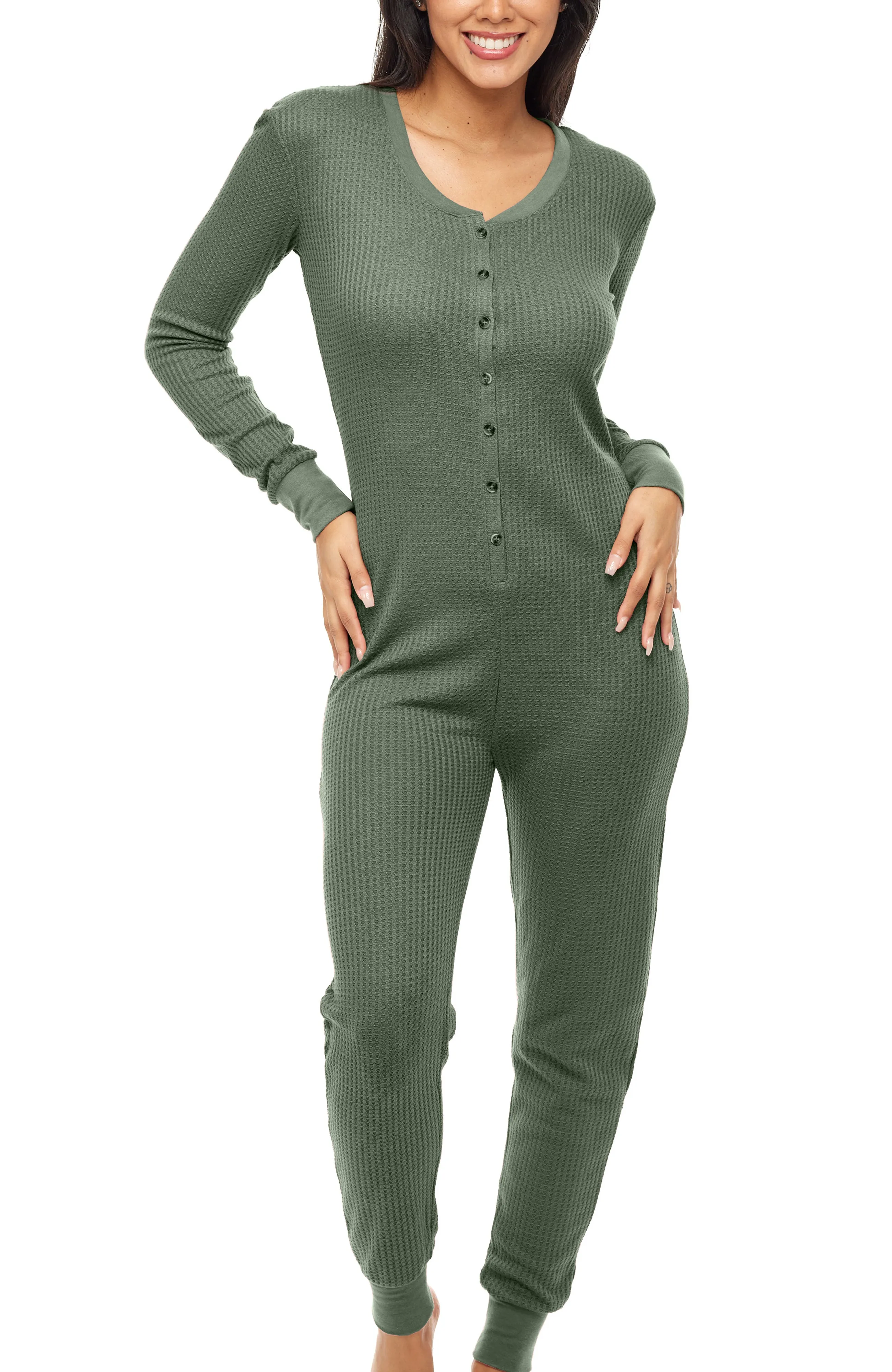 Women's Waffle Knit Thermal Onesie Pajama Romper