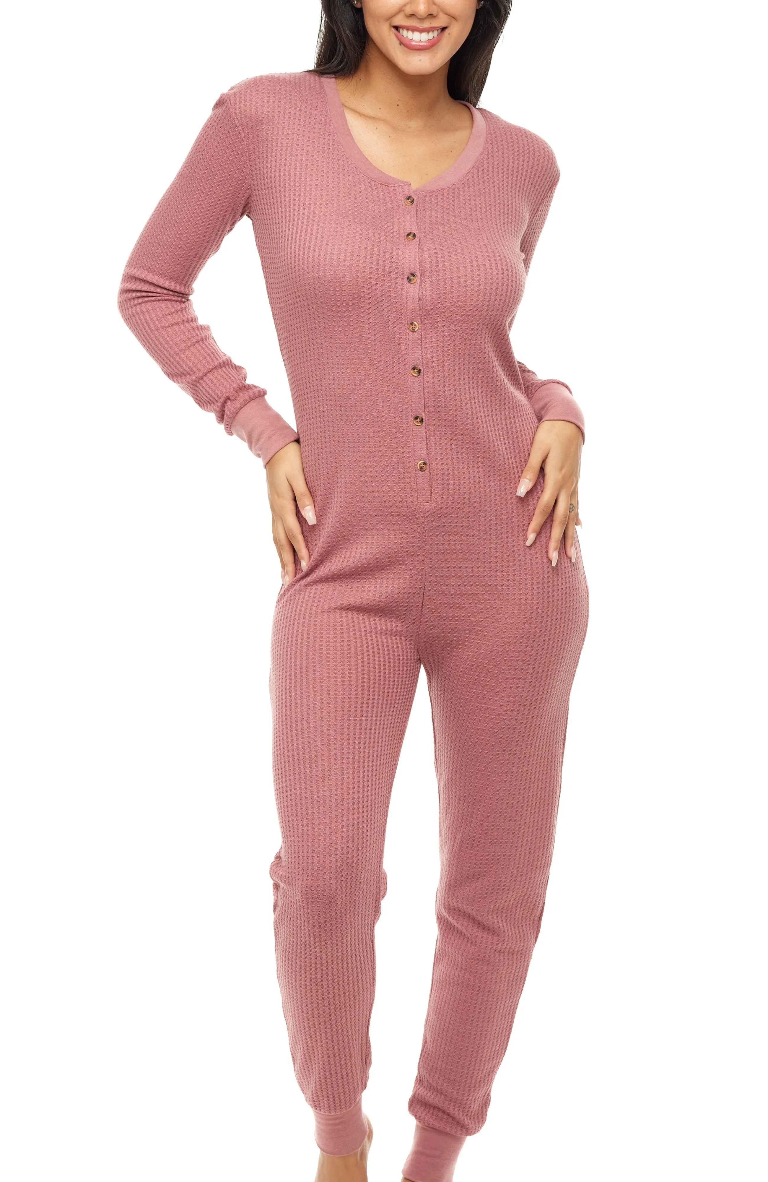 Women's Waffle Knit Thermal Onesie Pajama Romper