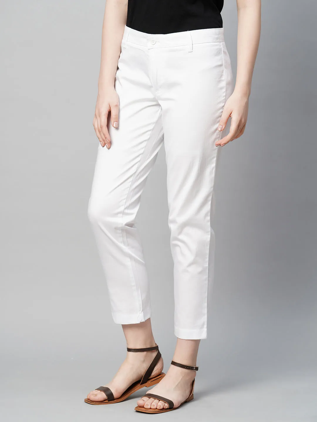 Women's White Cotton Elastane Regular Fit Pant