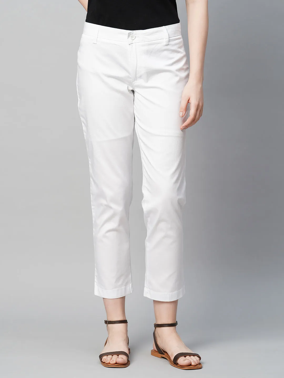 Women's White Cotton Elastane Regular Fit Pant