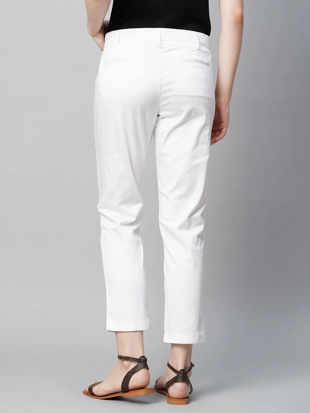 Women's White Cotton Elastane Regular Fit Pant