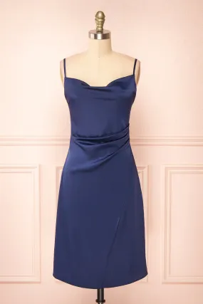 Zaina Navy | Cowl Neck Satin Slip Dress