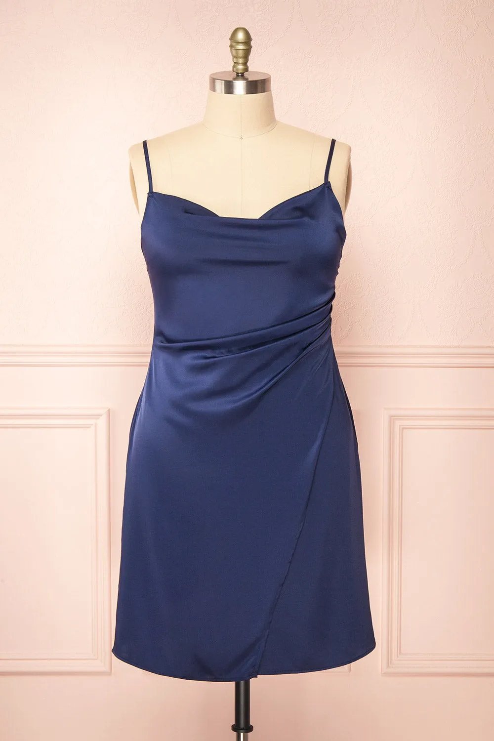 Zaina Navy | Cowl Neck Satin Slip Dress