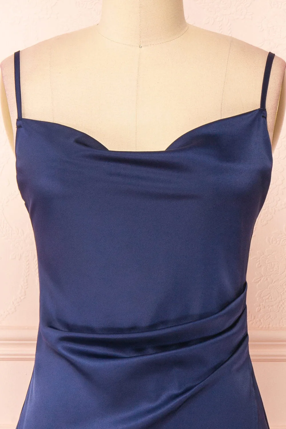 Zaina Navy | Cowl Neck Satin Slip Dress