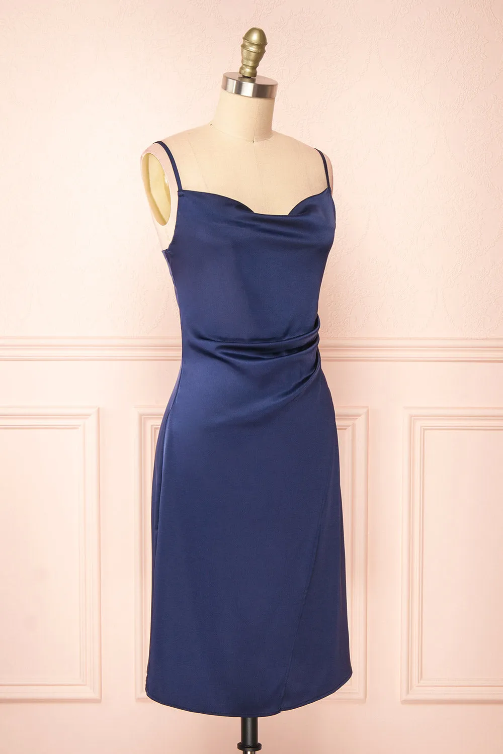 Zaina Navy | Cowl Neck Satin Slip Dress