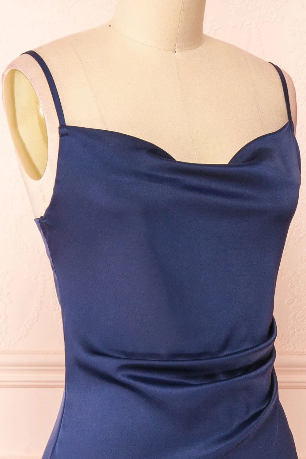 Zaina Navy | Cowl Neck Satin Slip Dress