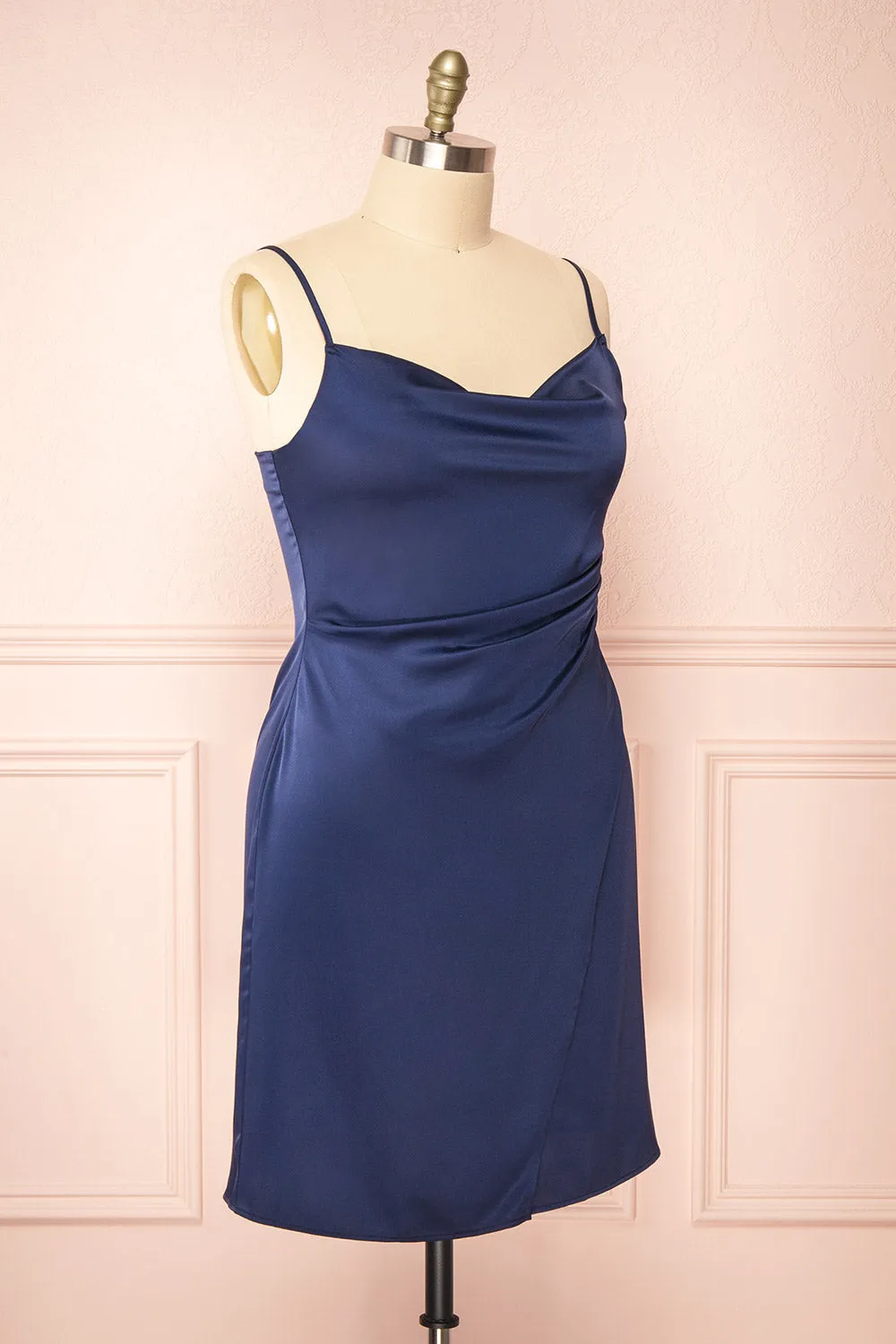 Zaina Navy | Cowl Neck Satin Slip Dress