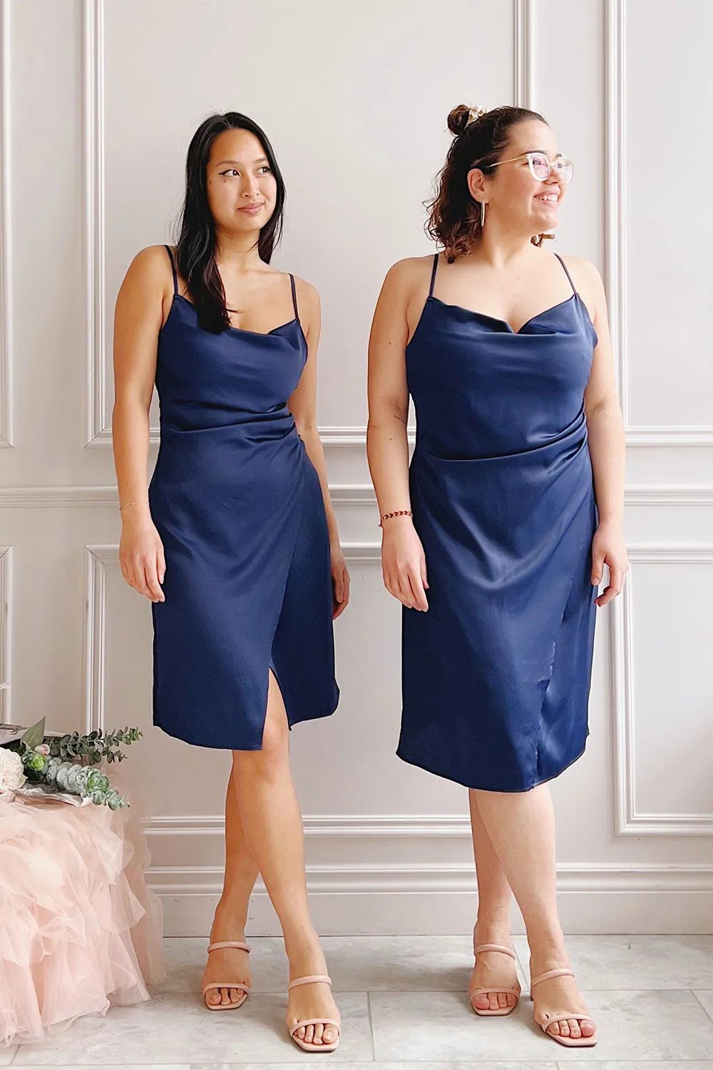 Zaina Navy | Cowl Neck Satin Slip Dress